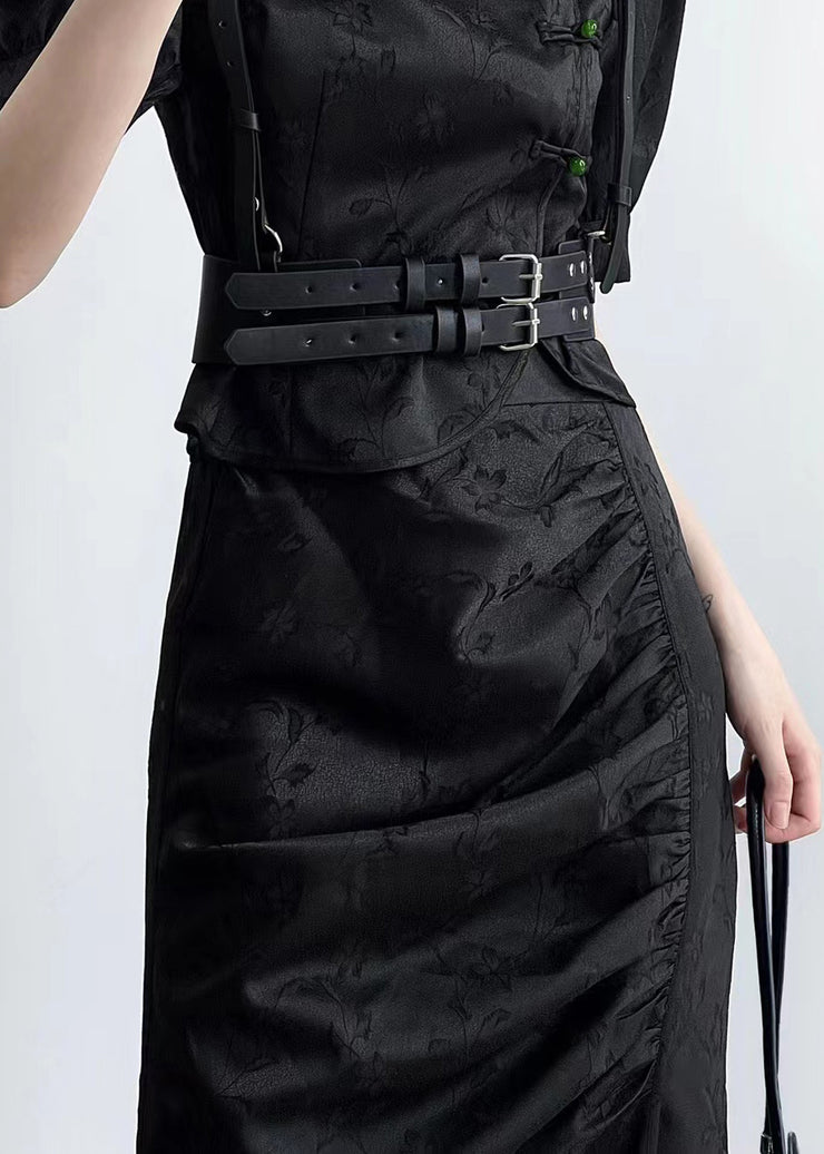 Original Design Chinese Style Black Jacquard Top And Skirt Set Summer