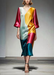 Original Design Colorblock Asymmetrical Patchwork Silm Fit Silk Dresses Summer