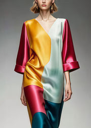 Original Design Colorblock Asymmetrical Patchwork Silm Fit Silk Dresses Summer