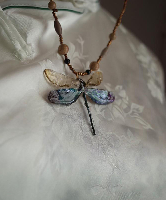 Original Design Colorblock Beading Dragonfly Pendant Necklace