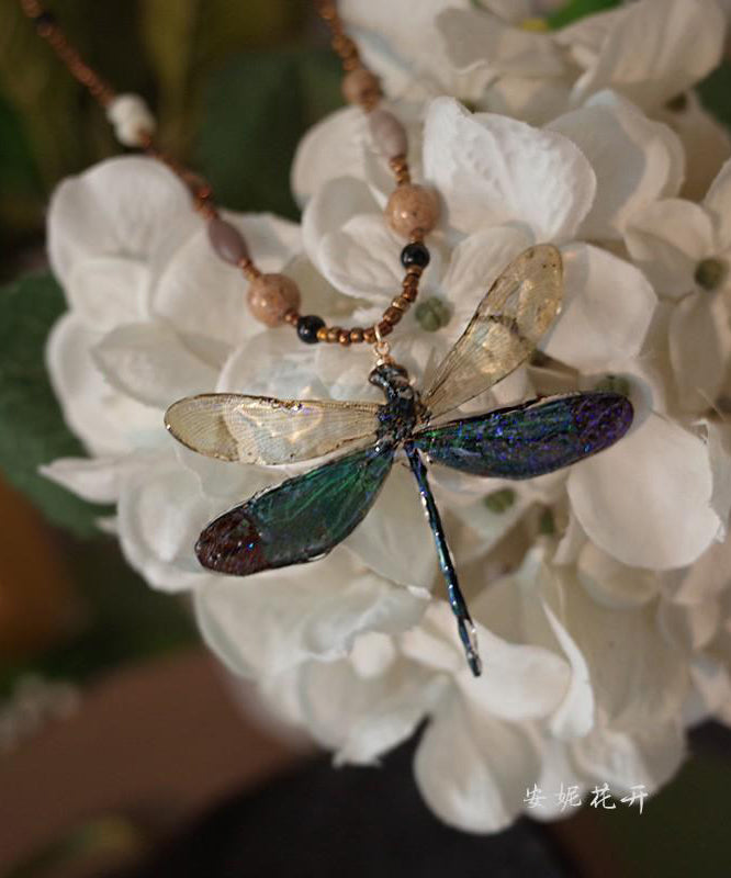 Original Design Colorblock Beading Dragonfly Pendant Necklace