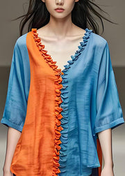 Original Design Colorblock Ruffled Patchwork Cotton Top Summer