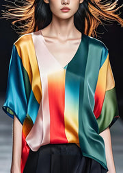 Original Design Colorblock V Neck Plus Size Silk Top Summer