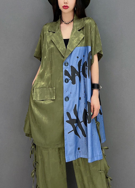 Original Design Green Notched Collar Side Open Print Cotton Two Pieces Set Spring