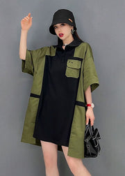 Original Design Green Peter Pan Collar Patchwork Cotton Long Shirt Short Sleeve