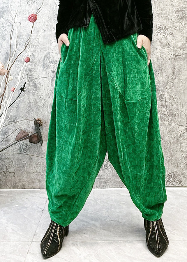 Original Design Green Pocket Elastic Waist Cotton Lantern Pants Spring