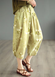 Original Design Green Pockets Print Linen Crop Pants Summer