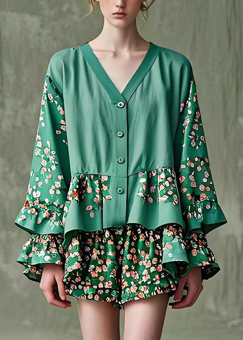 Original Design Green V Neck Print Cotton Two Pieces Set Petal Sleeve