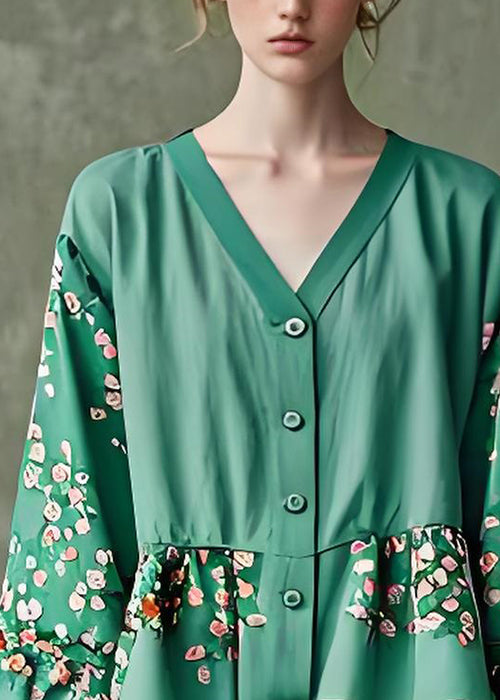 Original Design Green V Neck Print Cotton Two Pieces Set Petal Sleeve