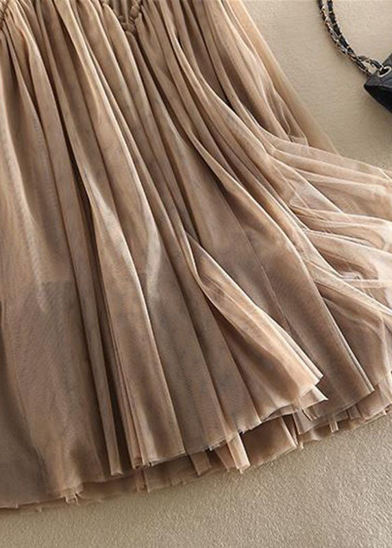 Original Design Khaki High Waist Ruffled Patchwork Tulle Pleated Skirts Spring