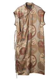 Original Design Khaki Mandarin Collar Print Side Open 2024 Silk Dresses Sleeveless