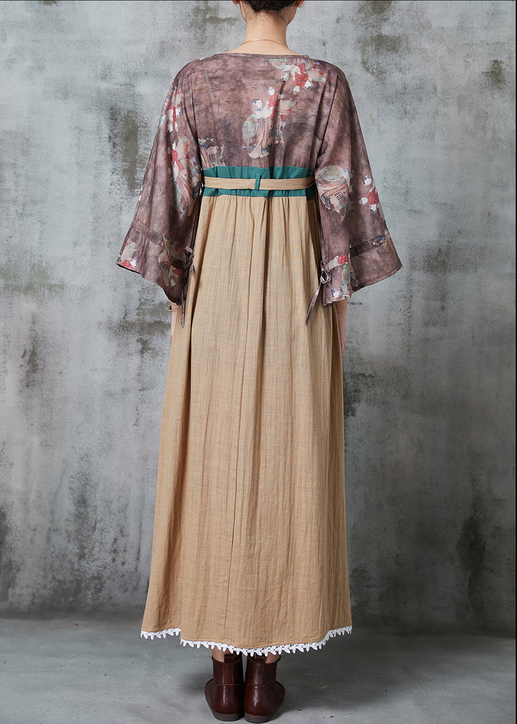 Original Design Khaki Patchwork Linen Dress Flare Sleeve