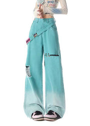 Original Design Lake Blue Pockets Denim Ripped Jeans Spring