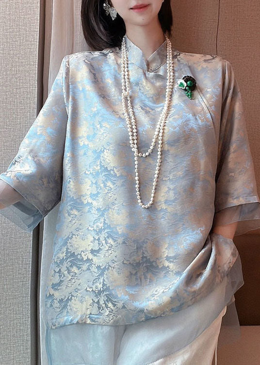 Original Design Light Blue Tulle Patchwork Jacquard Silk Shirts Half Sleeve