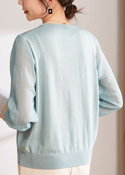 Original Design Light Blue V Neck Patchwork Knit Shirt Tops Long Sleeve