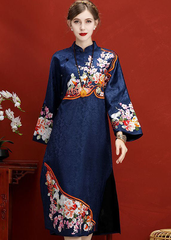 Original Design Navy Embroideried Jacquard Silk Chinese Style Dress Vestidos Spring