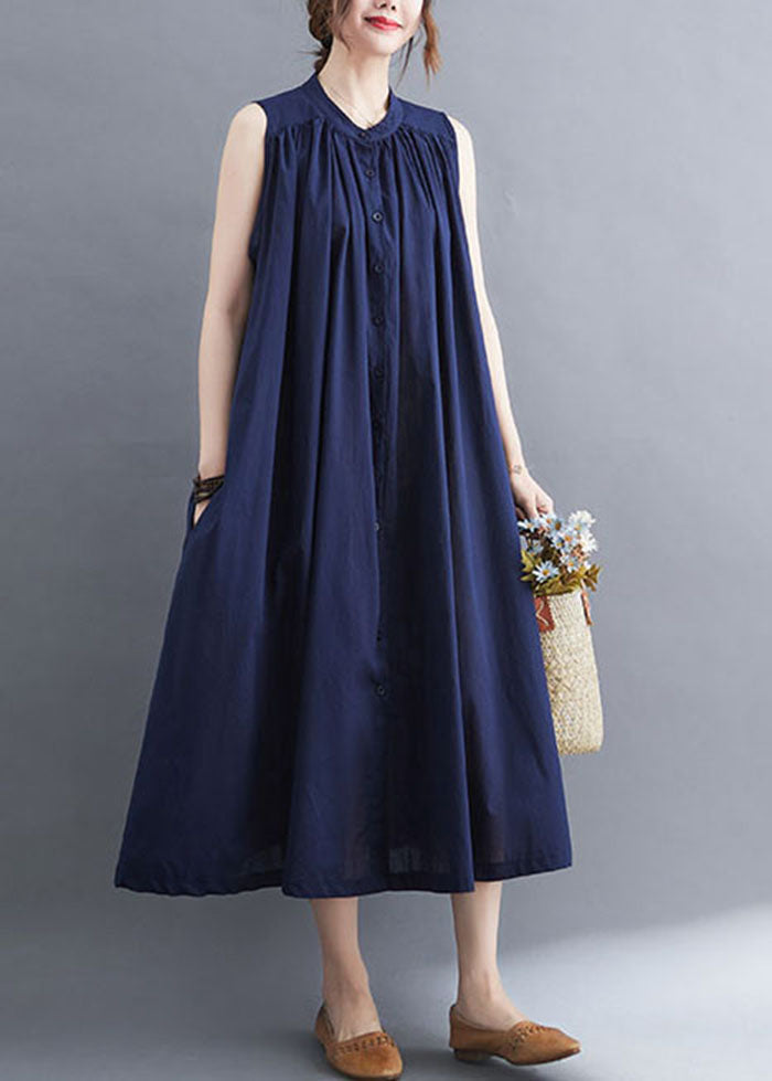 Original Design Navy O-Neck Button Cotton Maxi Dress Sleeveless