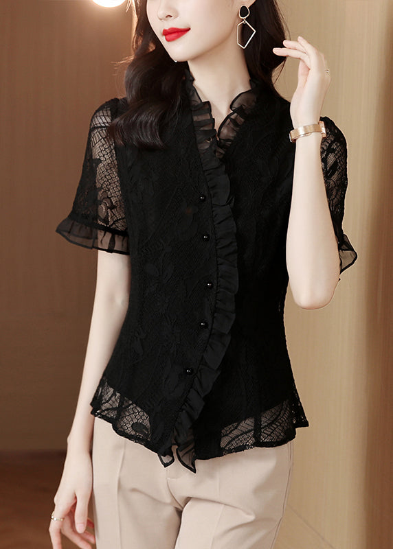 Original Design Navy Ruffled Hollow Out Lace Shirt Summer