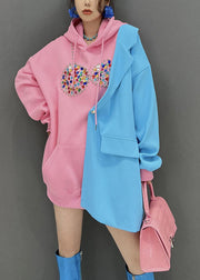 Original Design Pink Blue Hooded Patchwork Cotton Fake Two Piece Sweatshirts Top Fall