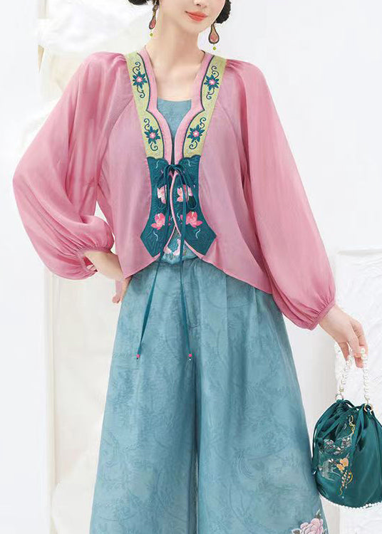 Original Design Pink Embroideried Lace Up Chiffon Cardigans Lantern Sleeve