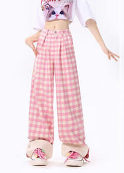 Original Design Pink Plaid Pockets Cotton Wide Leg Pants Spring