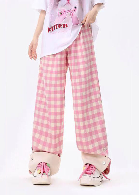 Original Design Pink Plaid Pockets Cotton Wide Leg Pants Spring