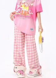 Original Design Pink Plaid Pockets Cotton Wide Leg Pants Spring