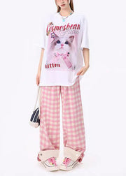 Original Design Pink Plaid Pockets Cotton Wide Leg Pants Spring