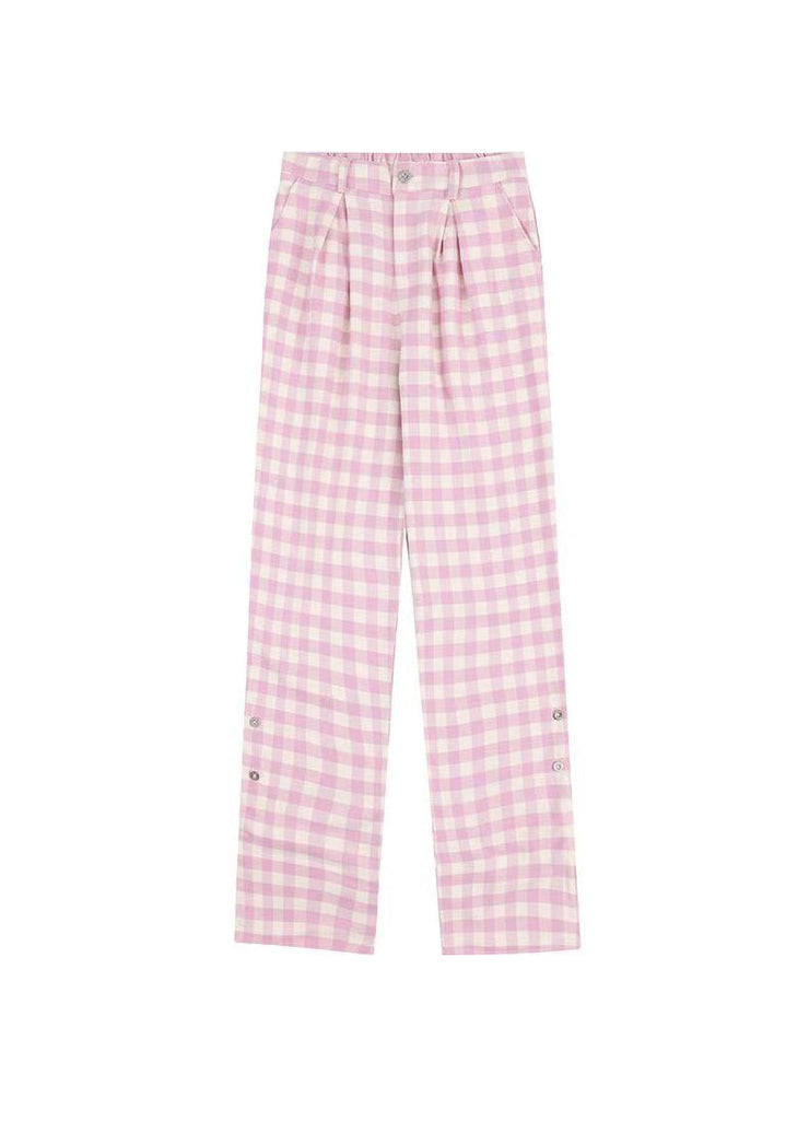 Original Design Pink Plaid Pockets Cotton Wide Leg Pants Spring