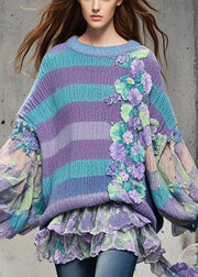 Original Design Purple Oversized Patchwork Floral Sweaters Batwing Sleeve