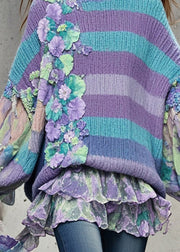 Original Design Purple Oversized Patchwork Floral Sweaters Batwing Sleeve