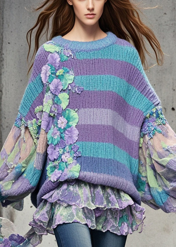 Original Design Purple Oversized Patchwork Floral Sweaters Batwing Sleeve