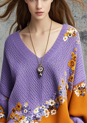 Original Design Purple Oversized Patchwork Knit Cozy Sweater Fall