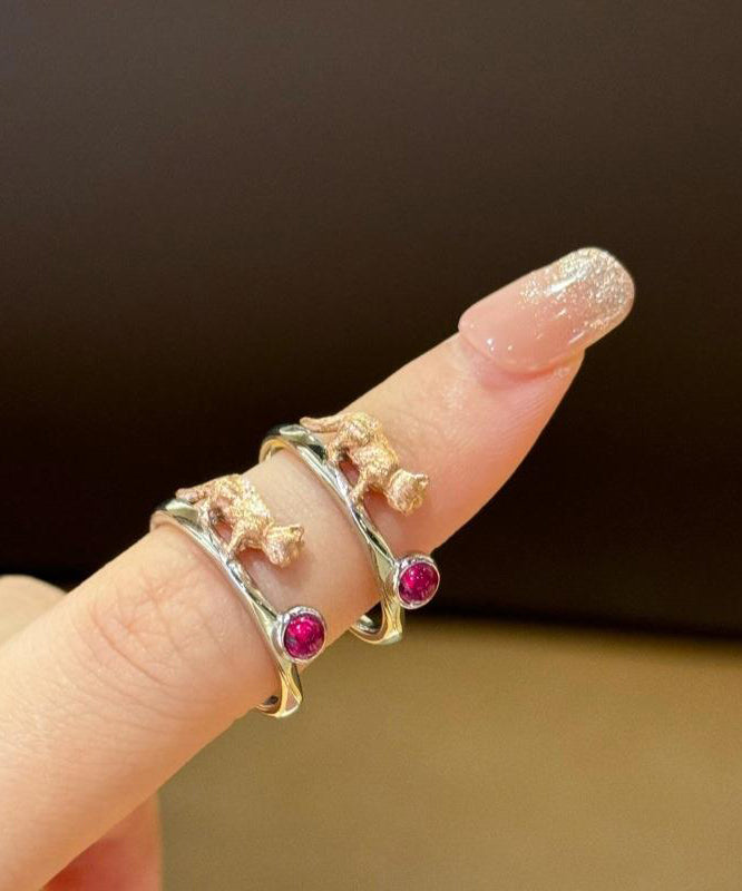 Original Design Purple Red Copper Gem Stone Wire Drawing Little Cats Rings