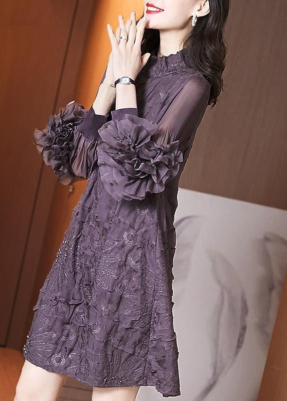 Original Design Purple Stand Collar Embroidered Nail Bead Silk Maxi Dress Long Sleeve