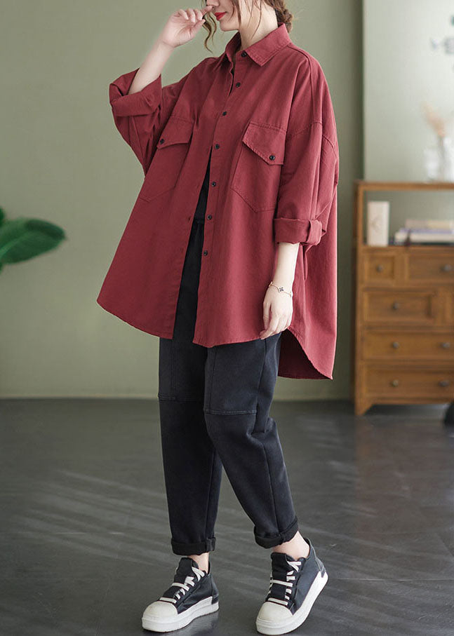 Original Design Red Oversized Applique Cotton Shirt Spring