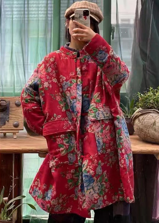 Original Design Red Print Pockets Plus Size Fine Cotton Filled Coat Winter