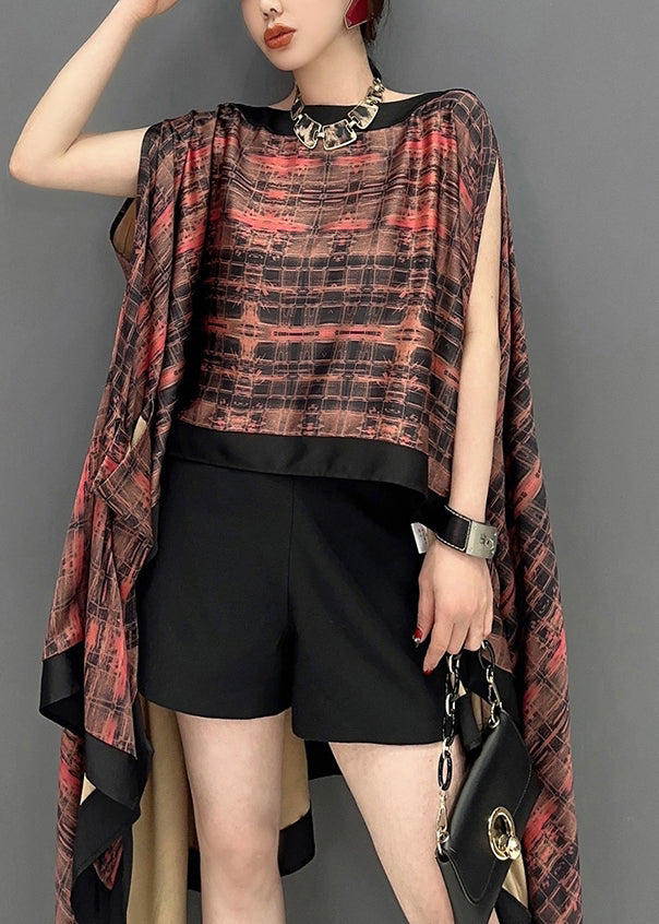 Original Design Slash Neck Asymmetrical Print Silk Tops Batwing Sleeve