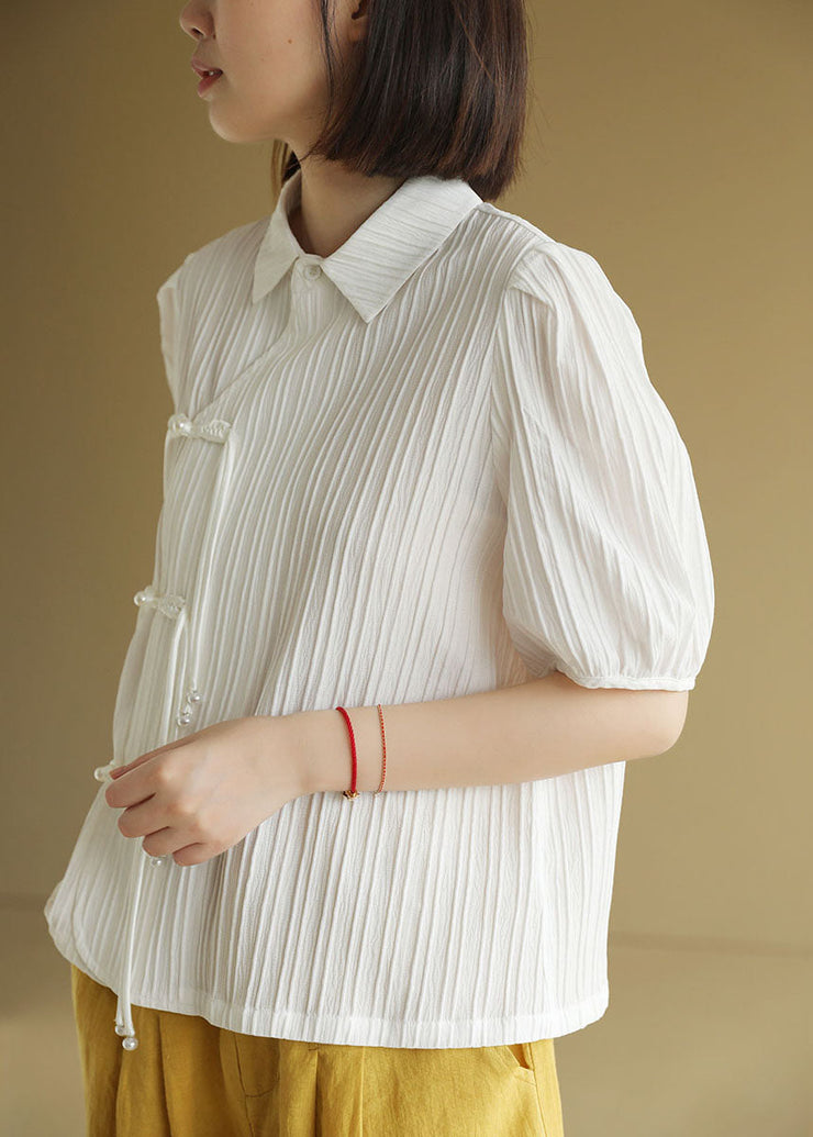 Original Design Solid White Peter Pan Collar Wrinkled Oriental Button Chiffon Top Short Sleeve