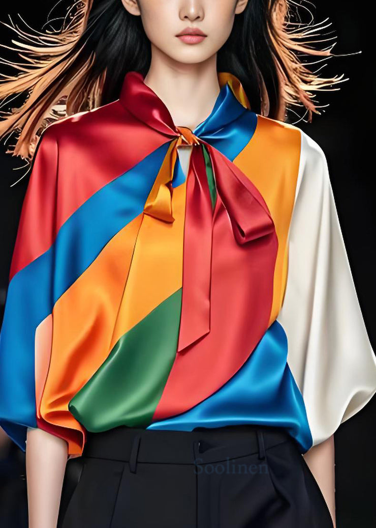 Original Design Style Colorblock Bow Silk Tops Summer