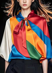 Original Design Style Colorblock Bow Silk Tops Summer