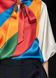 Original Design Style Colorblock Bow Silk Tops Summer