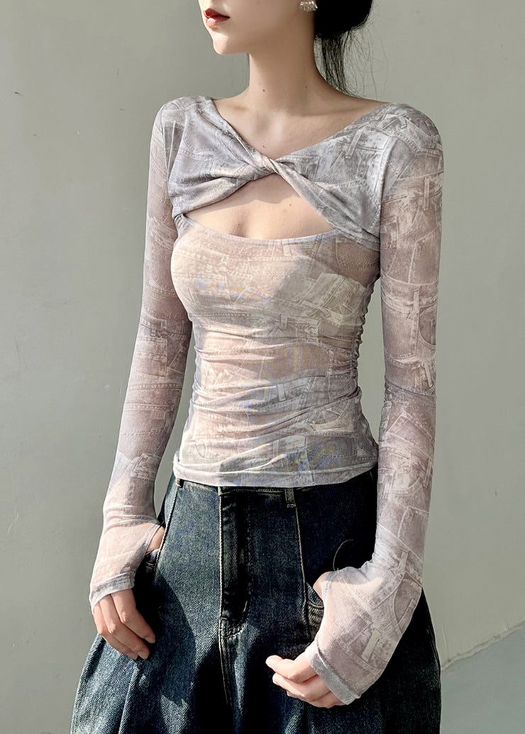 Original Design Twisted Printed Tulle T Shirts Top Autumn