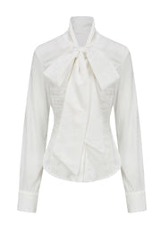 Original Design White Bow Silk Velour Shirts Fall