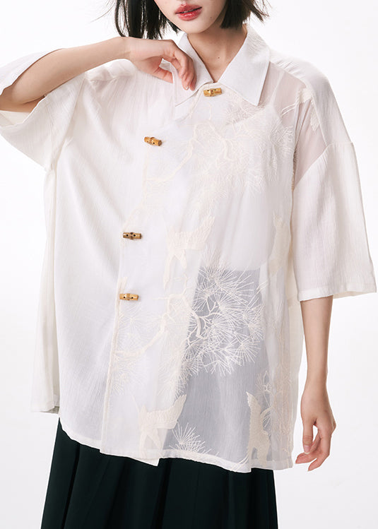 Original Design White Embroideried Tulle Patchwork Cotton Shirt Summer