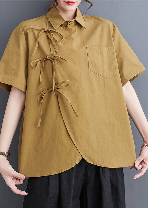 Original Design Yellow Oversized Lace Up Cotton Shirts Summer