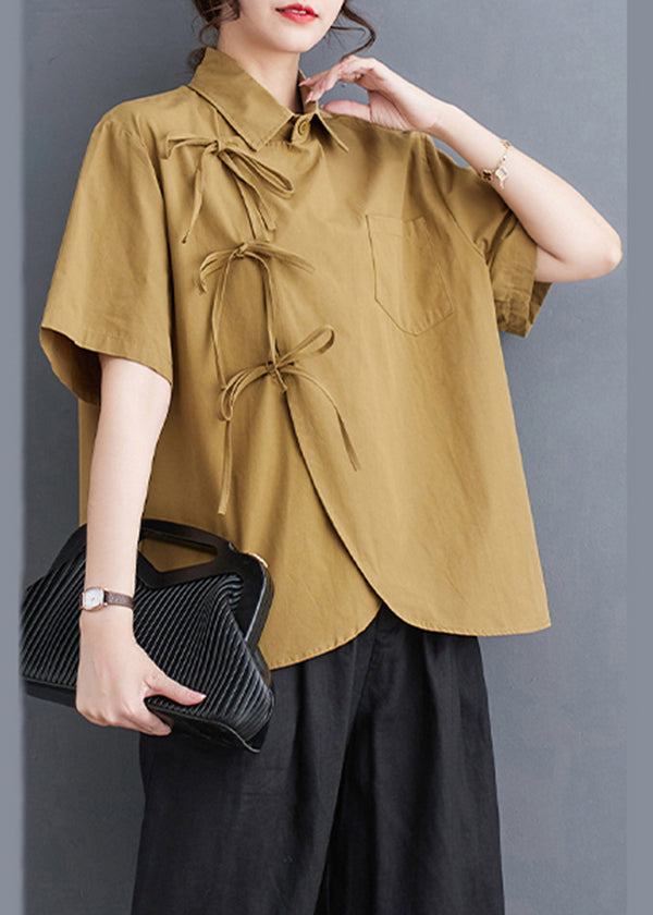 Original Design Yellow Oversized Lace Up Cotton Shirts Summer