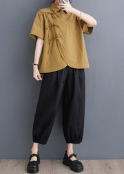 Original Design Yellow Oversized Lace Up Cotton Shirts Summer