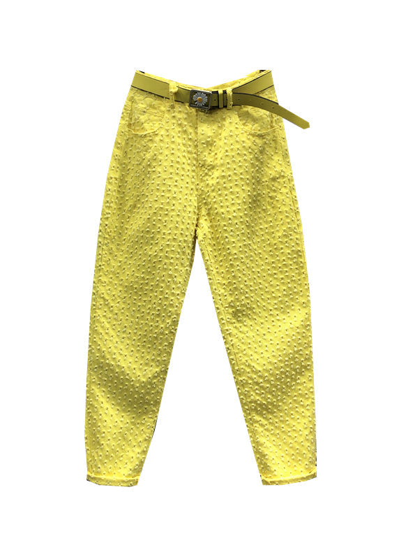 Original Design Yellow Pockets Hollow Out Denim Pants Fall