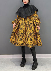 Original Design Yellow Turn-down Collar Jacquard Silk Dresses Spring